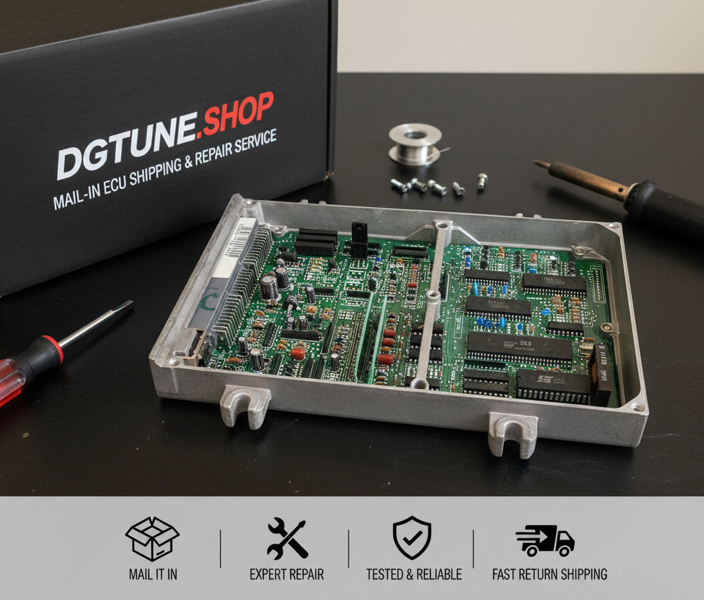 P28 ECU on a black surface with DGTune.shop branding and services listed.